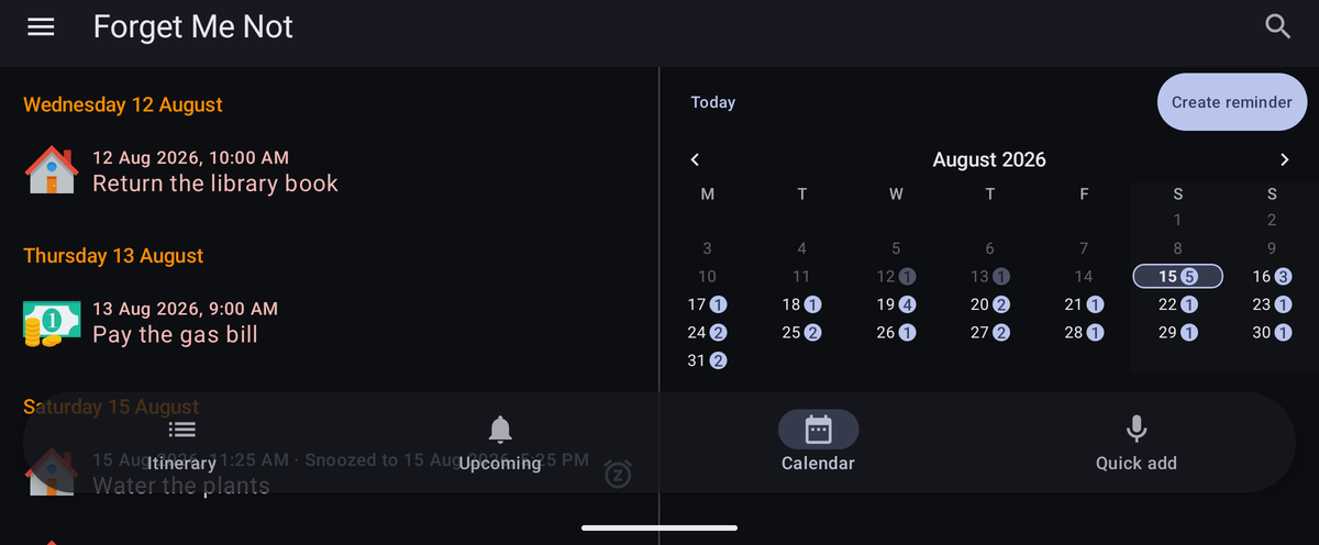 The calendar on a phone held sideways, with the day-by-day list on the left and the month grid on the right.