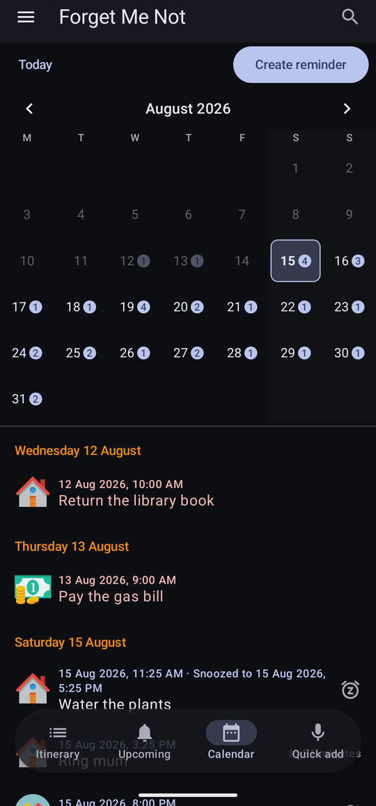 The calendar showing August 2026 as a month grid with counts against days, and a day-by-day list below it.