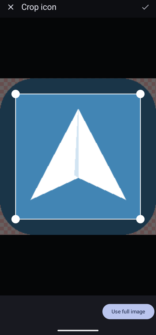 The Crop icon screen showing a downloaded aeroplane icon with a draggable crop square over it, a tick in the top bar to confirm, and a Use full image button.