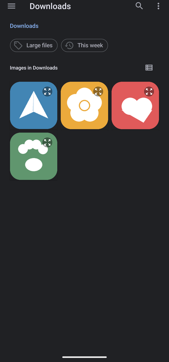 Android's file picker showing recent images: a grid of downloaded icon PNGs including an aeroplane, a heart, a paw print and a flower.