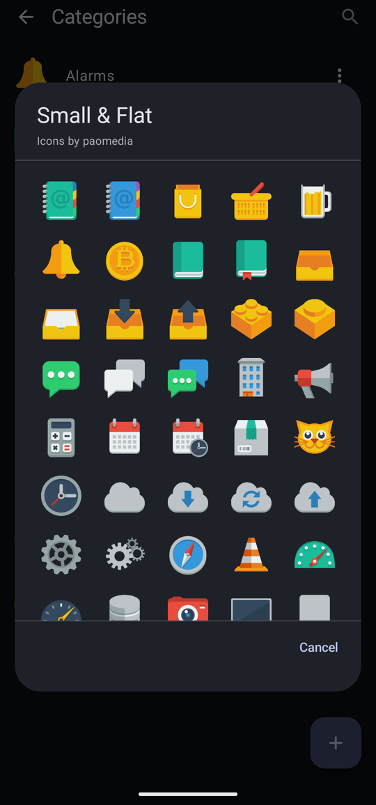 The Small & Flat pack open, showing a scrolling grid of colourful flat icons: address books, a bag, a basket, a beer, a bell, books, trays, speech bubbles, a calculator, calendars, a cat, a clock, clouds, cogs and more.