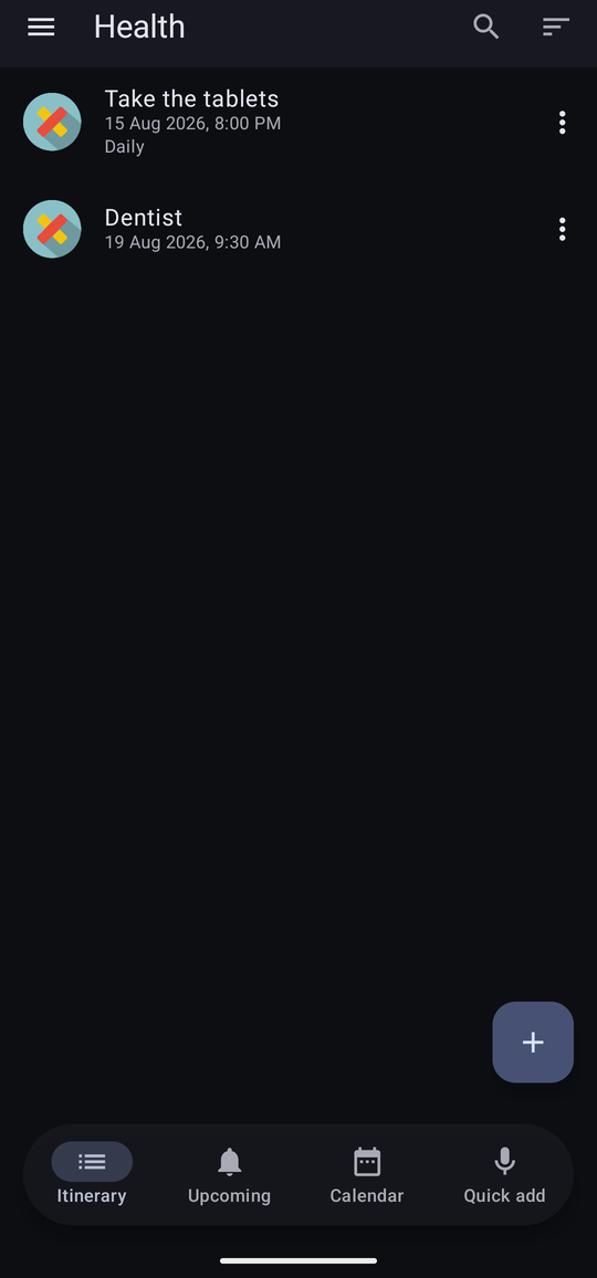 The itinerary filtered to the Health category, showing only its reminders.