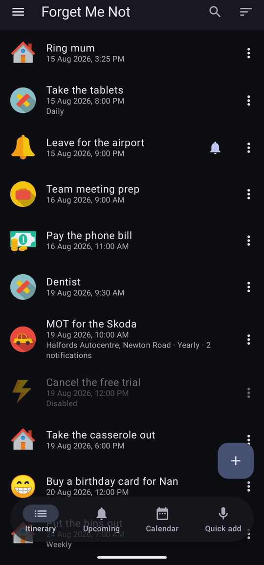 The itinerary, a list of reminders each with a category icon, name, date and time, and a summary line. One row is greyed and marked Disabled.