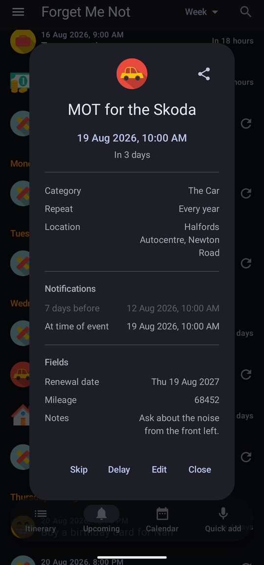 An occurrence panel for MOT for the Skoda, showing the time, In 3 days, the category, repeat, location, two notifications with their dates, three fields with their values, and Skip, Delay and Edit buttons.