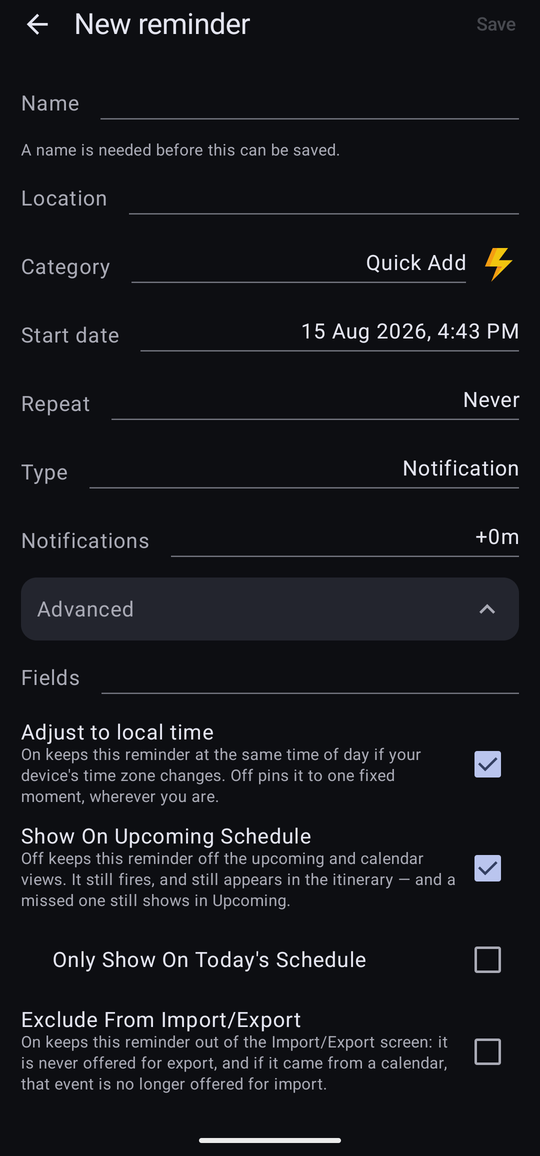 An empty New reminder form with rows for Name, Location, Category, Start date, Repeat, Type, Notifications and an Advanced section.