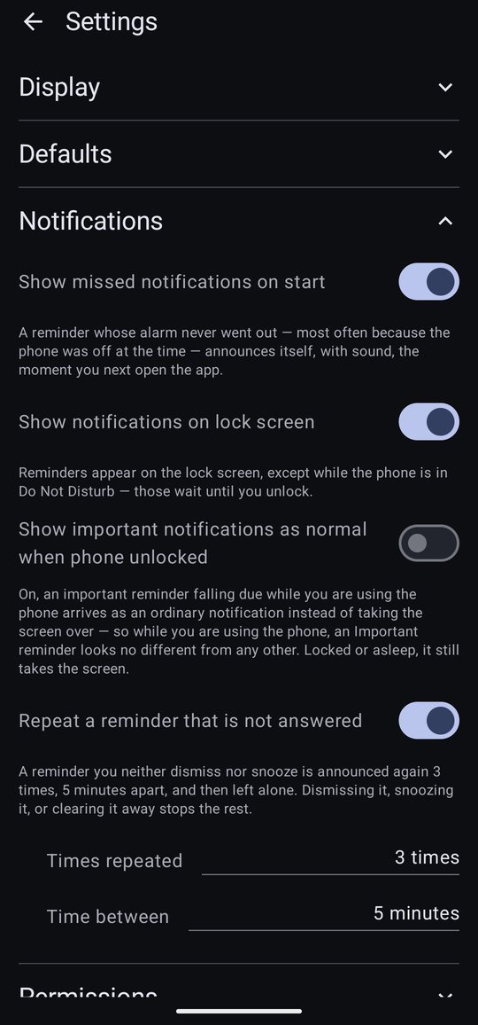 The Notifications section of Settings, with switches for the lock screen, important notifications as normal, Snooze from the original time, and Repeat a reminder that is not answered, plus Times repeated and Time between.
