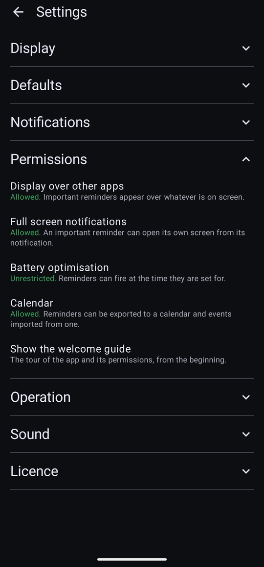 The Permissions section of Settings, with a row per permission showing its current status.