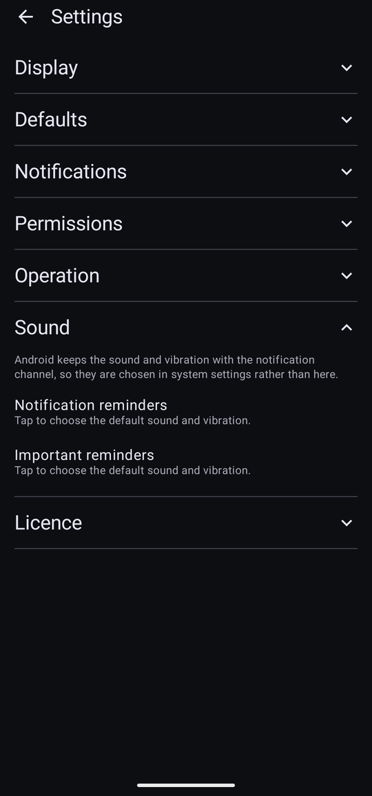 The Sound section of Settings, listing Notification reminders and Important reminders, each reading “Tap to choose the sound and vibration.”