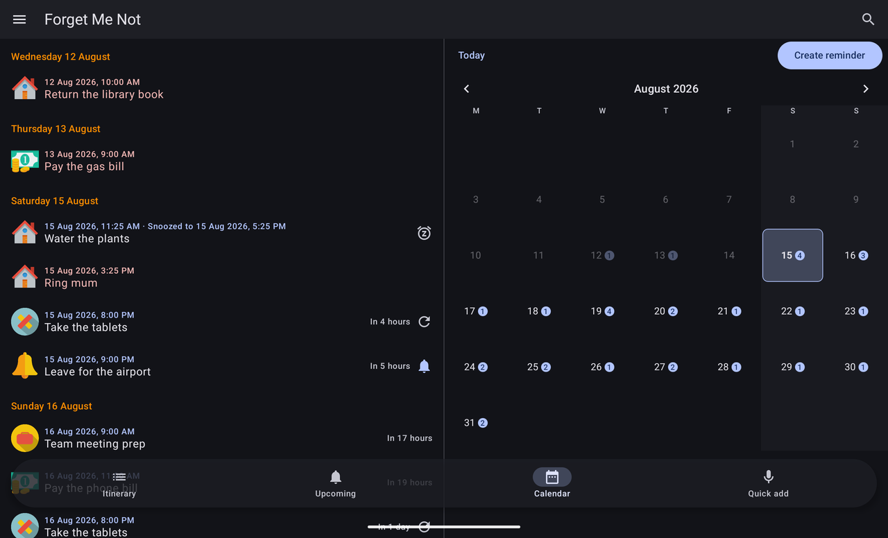 The calendar on a tablet in landscape, with the day-by-day plan filling the left half and the month grid the right.