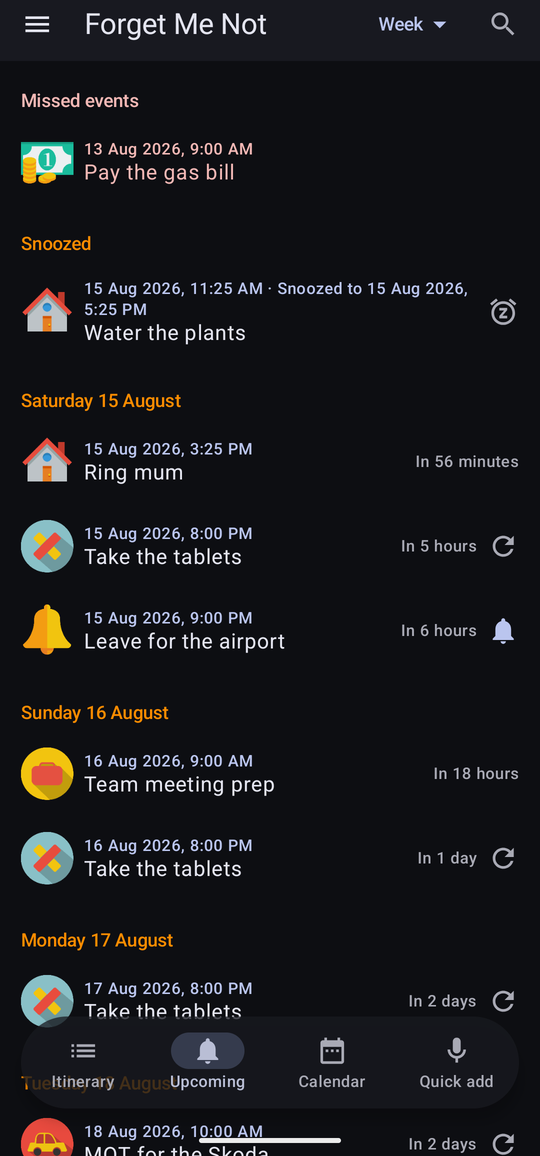 The Upcoming list with a Missed events section at the top, a Snoozed section below it marked with its own icon, and then a heading for each day, an ordinary row saying how far off it is.